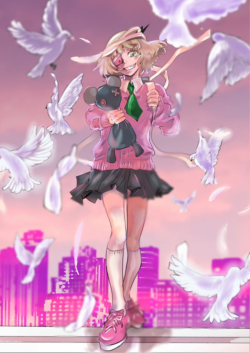 1girl absurdres bag bandaged_head bandages bird bird_request black_horns black_skirt blonde_hair blunt_bangs cellphone cityscape collared_shirt crying crying_with_eyes_open eyepatch falling_feathers feathers flying_teardrops green_neckerchief green_skirt grin highres holding holding_bag horns imminent_jump imminent_suicide ktakaprotokirito long_sleeves looking_at_viewer miniskirt neckerchief on_rooftop phone phone_eyepatch pink_shoes pink_sweater pleated_skirt puffy_sleeves ruru_(shinsei_kamattechan) sharp_teeth shinsei_kamattechan shirt shoes short_hair single_horn skirt smile sneakers socks strangling stuffed_animal stuffed_mouse stuffed_toy sweater tearing_up tears teeth thighs urban white_shirt white_socks