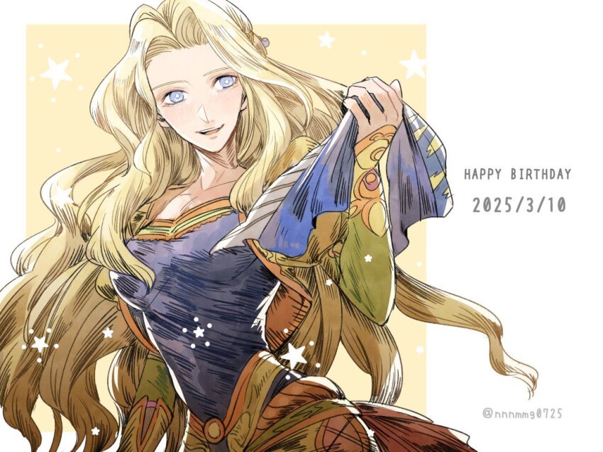 1girl birthday blonde_hair blue_eyes blue_shirt breasts celes_chere commentary_request dated final_fantasy final_fantasy_vi happy_birthday holding holding_unworn_clothes holding_unworn_scarf jacket long_hair long_sleeves looking_at_viewer medium_breasts nnnmmg0725 open_clothes open_jacket open_mouth parted_bangs puffy_sleeves scarf shirt smile solo star_(symbol) twitter_username unworn_scarf upper_body yellow_jacket