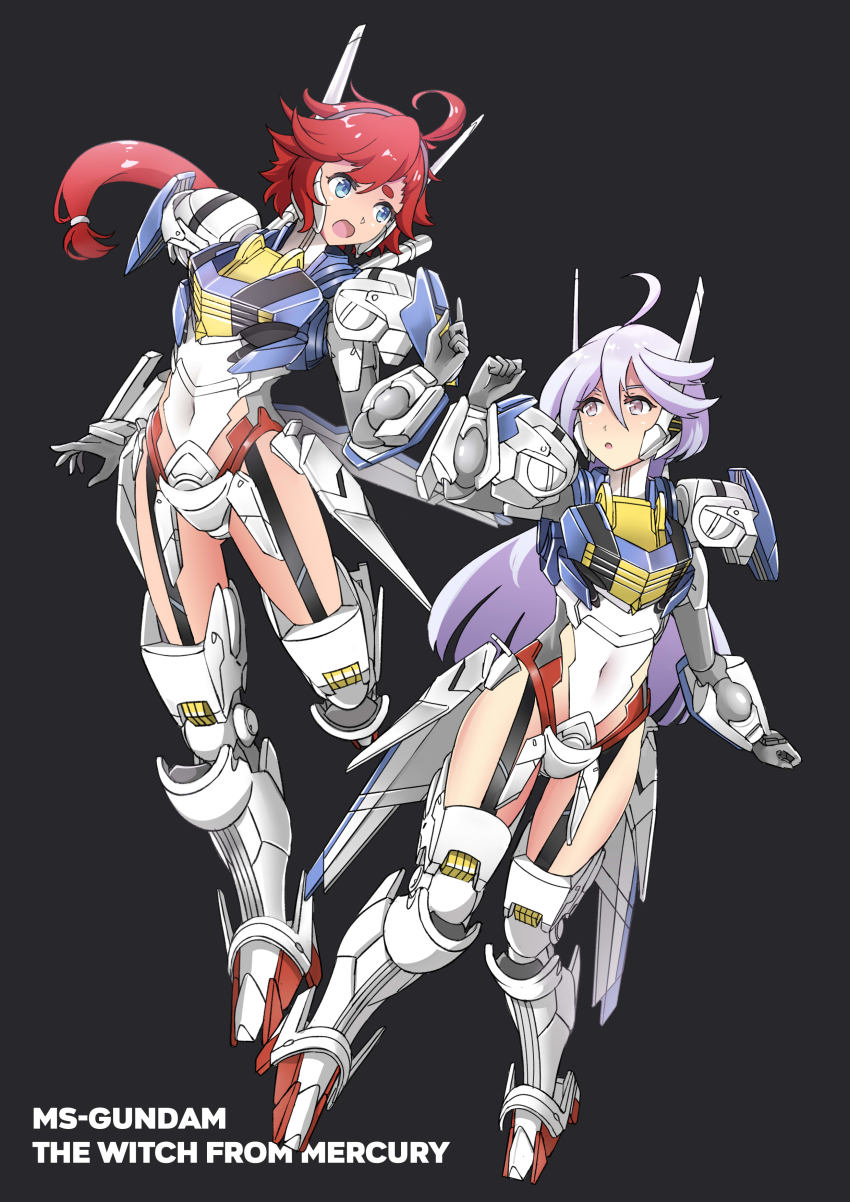 2girls absurdres ahoge armor black_background blue_eyes commentary cosplay english_commentary grey_eyes gundam gundam_aerial gundam_aerial_(cosplay) gundam_suisei_no_majo hairband highres long_hair low_ponytail mecha_musume miorine_rembran multiple_girls ponytail red_hair sudhiro_sappurisa suletta_mercury white_hair