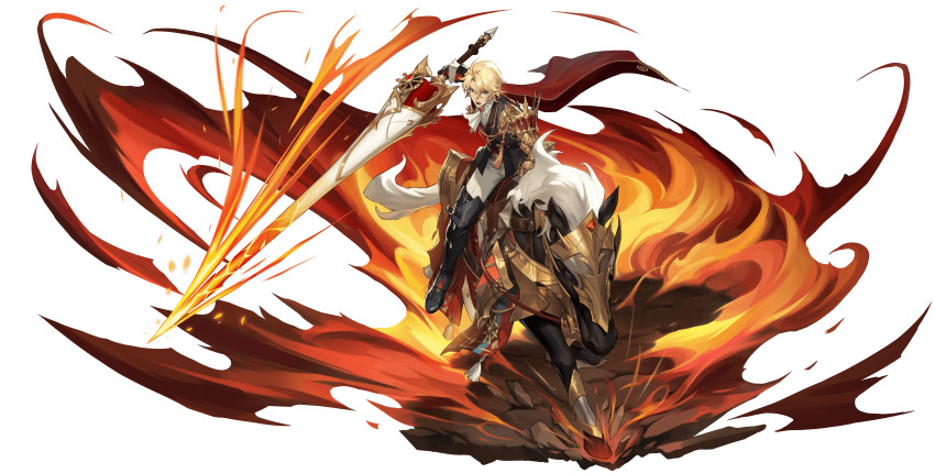 1boy absurdres ascot barding black_boots black_horse black_jacket blonde_hair blue_eyes boots cape collared_shirt crack cracked_floor faux_figurine fire flaming_weapon full_body highres holding holding_polearm holding_reins holding_weapon horseback_riding jacket knight lance lucas_(rememento) male_focus mole mole_under_eye official_art open_mouth pants polearm red_cape reins rememento:_white_shadow riding saddle shirt short_hair solo thigh_boots transparent_background v-shaped_eyebrows weapon white_ascot white_pants white_shirt