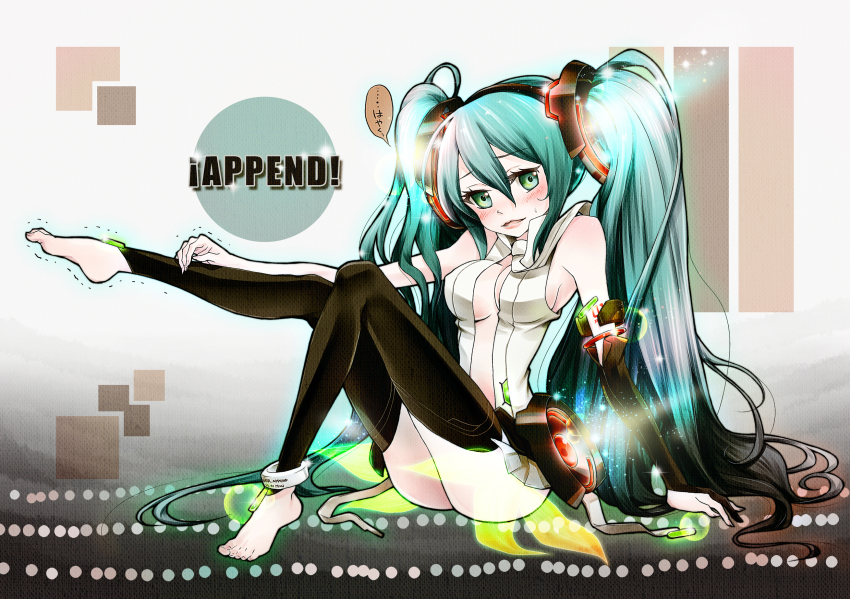 1girl anklet aqua_eyes aqua_hair barefoot belt blush breasts bridal_gauntlets bubble center_opening elbow_gloves feet female_focus fingerless_gloves gloves hatsune_miku hatsune_miku_(append) highres hologram jewelry long_hair minimaru necktie sitting solo toeless_legwear trembling twintails very_long_hair vocaloid vocaloid_append