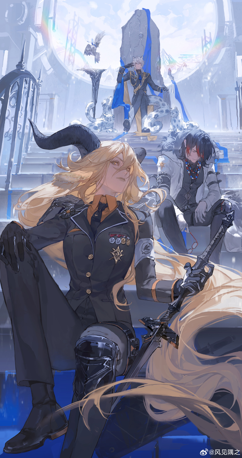 1girl 2boys absurdres animal animal_ears arknights arm_belt belt bird black_belt black_gloves black_horns black_necktie blonde_hair blue_ribbon buttons character_request closed_eyes closed_mouth commentary_request crossed_legs day epaulettes expressionless eyelashes fengjian_yuzhi full_body glasses gloves gradient_hair grey_footwear grey_hair grey_pants hand_on_own_knee highres holding holding_removed_eyewear holding_sword holding_weapon hood hood_down horns jewelry lapels leopard leopard_boy leopard_ears long_hair long_sleeves looking_at_viewer medal medium_hair multicolored_hair multiple_boys necklace necktie notched_lapels on_stairs pants ribbon single_epaulette sitting sitting_on_stairs sitting_on_throne stairs sunlight sword throne unworn_eyewear watermark weapon weibo_watermark white_gloves yellow_eyes