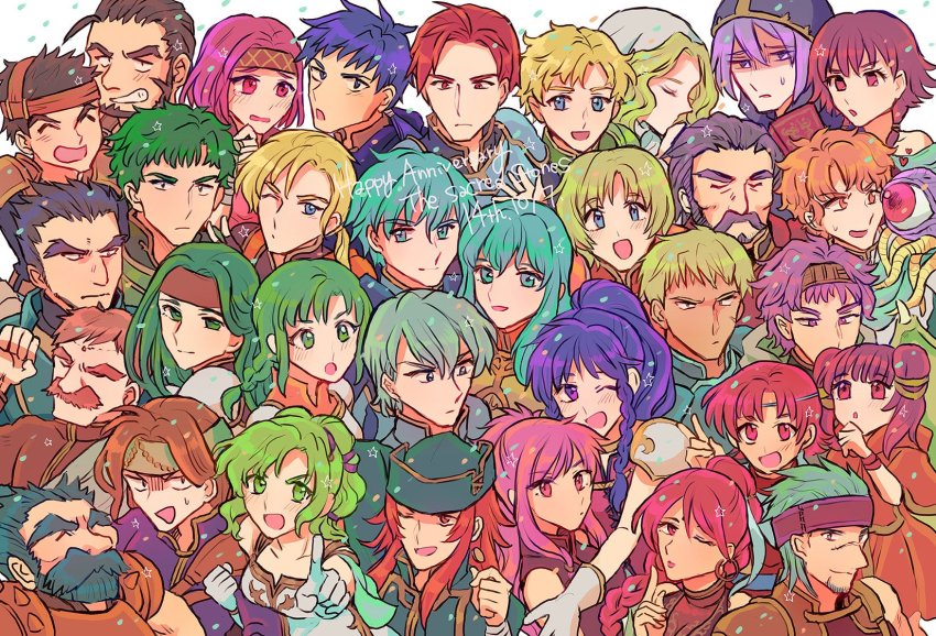 amelia_(fire_emblem) aqua_hair armor artur_(fire_emblem) bare_shoulders blonde_hair blue_eyes blue_hair blush braid breasts cape colm_(fire_emblem) cormag_(fire_emblem) dozla_(fire_emblem) dragon_girl dragon_wings dress duessel_(fire_emblem) earrings eirika_(fire_emblem) ephraim_(fire_emblem) ewan_(fire_emblem) facial_mark fingerless_gloves fire_emblem fire_emblem:_the_sacred_stones forde_(fire_emblem) forehead_mark franz_(fire_emblem) garcia_(fire_emblem) gerik_(fire_emblem) gilliam_(fire_emblem) gloves green_eyes green_hair highres holding innes_(fire_emblem) jewelry joshua_(fire_emblem) knoll_(fire_emblem) kyle_(fire_emblem) l&#039;arachel_(fire_emblem) long_hair looking_at_viewer lute_(fire_emblem) marisa_(fire_emblem) medium_breasts mogall moulder_(fire_emblem) multi-tied_hair multiple_boys multiple_girls myrrh_(fire_emblem) natasha_(fire_emblem) neimi_(fire_emblem) nintendo noshima open_mouth pegasus_knight_uniform_(fire_emblem) pink_hair ponytail purple_eyes purple_hair red_eyes red_hair rennac_(fire_emblem) ross_(fire_emblem) saleh_(fire_emblem) seth_(fire_emblem) short_hair single_braid smile syrene_(fire_emblem) tana_(fire_emblem) tethys_(fire_emblem) twin_braids twintails vanessa_(fire_emblem) wings