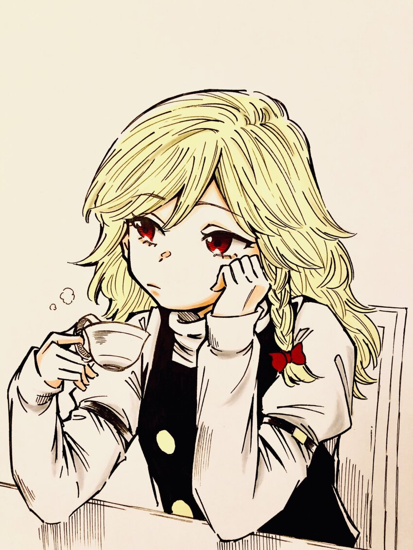 1girl blonde_hair bow braid chair commentary_request cup elbow_rest hair_bow hand_on_own_cheek hand_on_own_face highres holding holding_cup kirisame_marisa long_hair long_sleeves looking_to_the_side red_eyes s590220 side_braid solo table teacup touhou