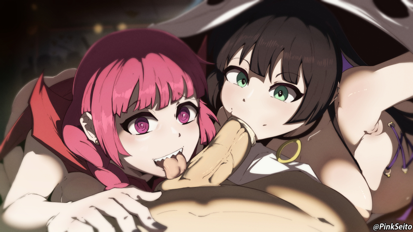 1boy 2girls @_@ arm_up armpits artist_name bed_sheet black_choker black_hair black_nails blunt_bangs blush bocchi_the_rock! braid breasts cape choker colored_inner_hair commentary cooperative_fellatio dark ear_piercing english_commentary erection fellatio ffm_threesome ghost_costume green_eyes group_sex hair_over_shoulder halloween halloween_costume hetero highres hiroi_kikuri indoors large_breasts licking licking_penis long_hair looking_at_viewer multicolored_hair multiple_girls naked_cape naked_sheet open_mouth oral orphen_(pink_seito) pa-san penis piercing pov purple_eyes purple_hair red_cape red_hair saliva sharp_teeth single_braid smile teamwork_(sexual) teeth testicles threesome tongue tongue_out twitter_username uncensored