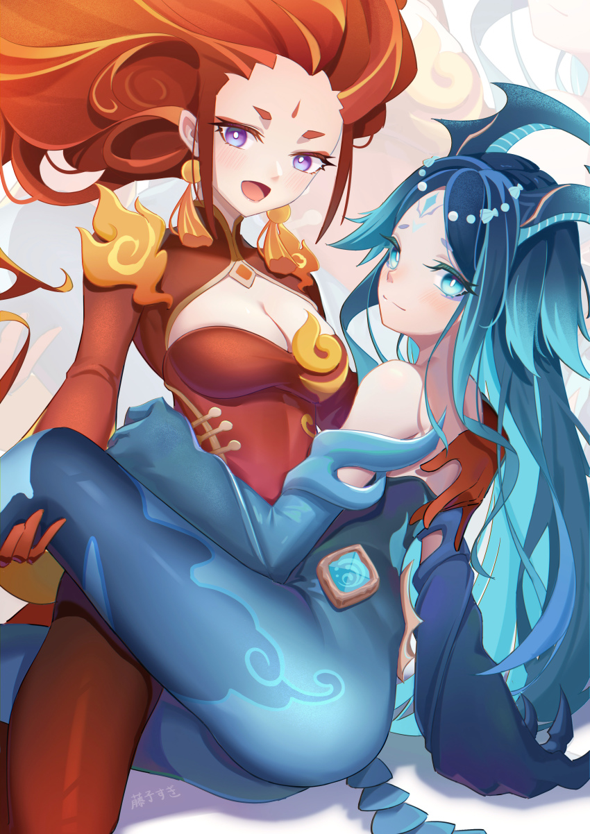 2girls absurdres bare_shoulders blue_eyes blue_hair blue_horns blush bonanus_(genshin_impact) breasts bright_pupils cleavage cleavage_cutout closed_mouth clothing_cutout earrings eyeshadow facial_mark fiery_hair forehead_mark fujiko_sugi genshin_impact highres horns indarias_(genshin_impact) jewelry light_blue_eyes light_blue_hair long_hair looking_at_viewer makeup multicolored_hair multiple_girls open_mouth orange_hair purple_eyes purple_eyeshadow red_eyeshadow red_hair short_eyebrows sitting smile tassel tassel_earrings tongue two-tone_hair vision_(genshin_impact) white_pupils zoom_layer