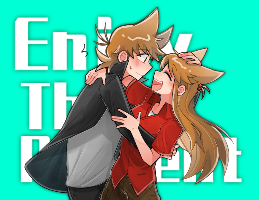 1boy 1girl :d ^_^ antenna_hair aqua_background black_coat black_pants blush breasts brown_pants buwangchuxingaoyixin closed_eyes closed_mouth coat collared_coat collared_shirt commentary cowboy_shot dual_persona ear_blush eddsworld english_text face-to-face facing_another from_side grey_shirt hair_bobbles hair_horns hair_ornament hand_on_another&#039;s_arm hand_on_another&#039;s_head hetero highres long_hair looking_at_another one_side_up open_clothes open_coat open_mouth pants profile red_shirt selfcest shirt short_hair simple_background small_breasts smile standing sweatdrop symbol-only_commentary tord_(eddsworld) tori_(eddsworld) white_shirt