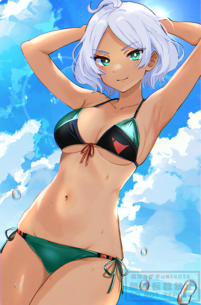 armpits arms_behind_head bikini black_bikini breasts cloud cloudy_sky dark-skinned_female dark_skin day dutch_angle front-tie_bikini_top front-tie_top green_eyes gundam gundam_suisei_no_majo halterneck highres looking_at_viewer mizuno374 navel outdoors secelia_dote short_hair side-tie_bikini_bottom sky swimsuit tsurime water_drop white_hair