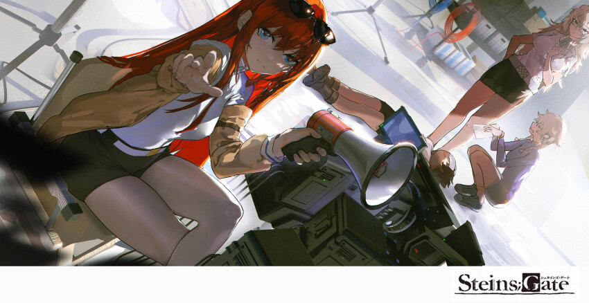 1311422471 4girls amane_suzuha belt black_footwear black_hair black_pantyhose black_shorts black_skirt blonde_hair bloom blue_eyes boots box braid breasts brown_eyes brown_jacket cardboard_box character_request check_character closed_eyes commentary_request copyright_name director director&#039;s_chair dutch_angle eyewear_on_head film_grain glasses grey_belt grey_footwear highres holding holding_megaphone holding_paper jacket kiryuu_moeka large_breasts loafers long_hair long_sleeves looking_at_viewer lying makise_kurisu megaphone movie_camera multiple_girls on_back on_chair on_floor open_clothes open_jacket pantyhose paper pencil_skirt pointing pointing_at_viewer purple_jacket red_hair rubber_boots shiina_mayuri shirt shoes short_hair short_sleeves shorts sitting skirt smile squatting steins;gate sunglasses towel_on_face tripod twin_braids wavy_mouth white_belt white_shirt wire