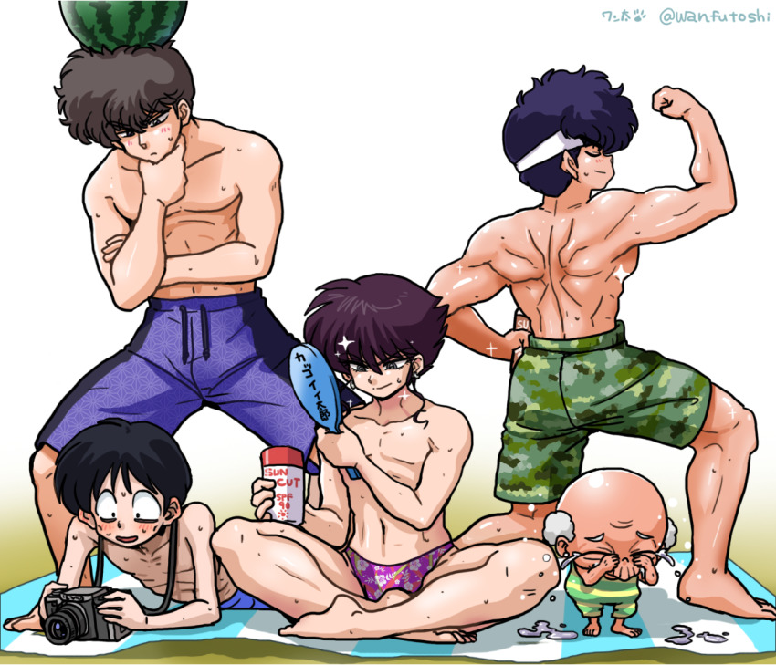 5boys beach camera gosunkugi_hikaru happosai kumon_ryu kunou_tatewaki mirror multiple_boys pantyhose_taro ranma_1/2 swimsuit wanta_(futoshi) water
