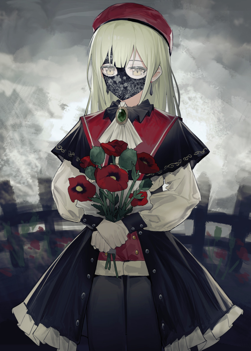 1girl absurdres anli_(jwcpp4sum0mgk5r) ascot bang_dream! bang_dream!_it&#039;s_mygo!!!!! beret black_capelet black_mask black_pantyhose black_skirt bouquet capelet chinese_commentary commentary_request earrings fence flower green_brooch green_hair hat highres holding holding_bouquet jewelry long_hair long_sleeves mask masquerade_mask mortis_(bang_dream!) mortis_(costume)_(bang_dream!) pantyhose pantyhose_under_shorts red_flower red_hat red_shorts shorts shorts_under_skirt showgirl_skirt skirt solo variant_set wakaba_mutsumi white_ascot yellow_eyes