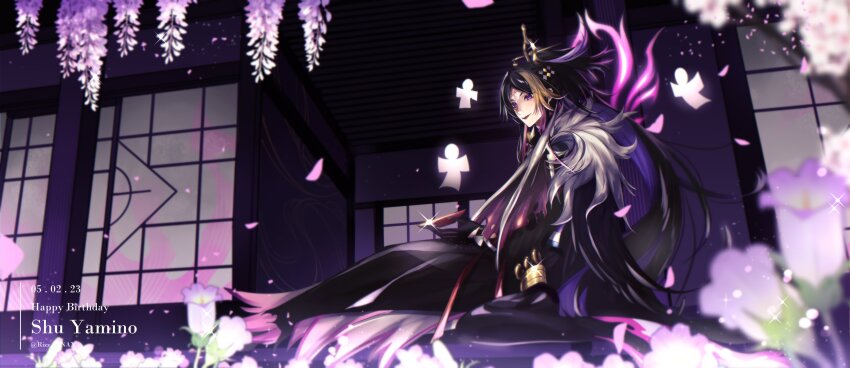 1boy absurdres architecture black_gloves black_hair black_robe black_shirt blonde_hair blurry cape character_name cherry_blossoms colored_inner_hair cup dated demon_wings depth_of_field east_asian_architecture facial_mark falling_petals flower forehead_mark from_side fur_cape glint gloves half_updo halo halo_behind_head happy_birthday highres holding holding_cup long_hair long_sleeves looking_at_object looking_to_the_side male_focus multicolored_hair nijisanji nijisanji_en official_alternate_costume parted_bangs parted_lips petals pink_flower pink_hair porch purple_eyes purple_flower purple_hair robe sakazuki shikigami shirt shouji shu_yamino shu_yamino_(2nd_costume) sidelocks sitting sliding_doors solo streaked_hair virtual_youtuber wing_cape wings wisteria xiao_guan_(headdress) yoshiko_(rizz_cinax)