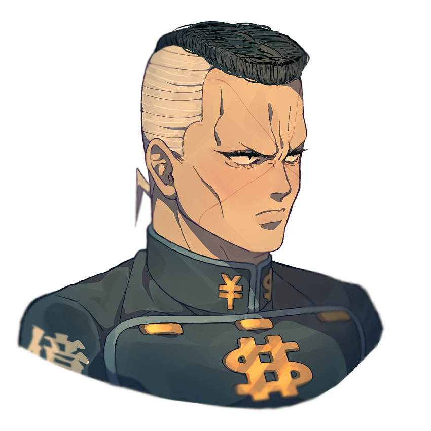 1boy black_hair diamond_wa_kudakenai dollar_sign facial_mark frown gakuran grey_hair highres jojo_no_kimyou_na_bouken male_focus multicolored_hair nijimura_okuyasu pompadour portrait school_uniform serious siniy solo two-tone_hair yen_sign