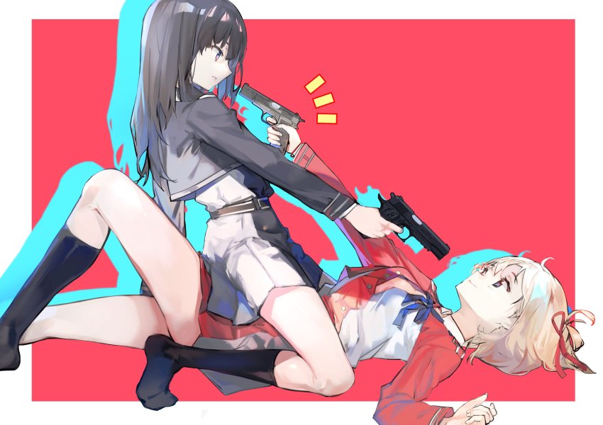 2girls ^^^ absurdres aiming black_hair black_socks blonde_hair dress finger_on_trigger girl_on_top gun hair_ribbon highres inoue_takina long_hair lycoris_recoil lying multiple_girls nishikigi_chisato no_shoes on_back purple_eyes red_background ribbon saitogiulio school_uniform short_hair simple_background skirt socks two-tone_dress weapon