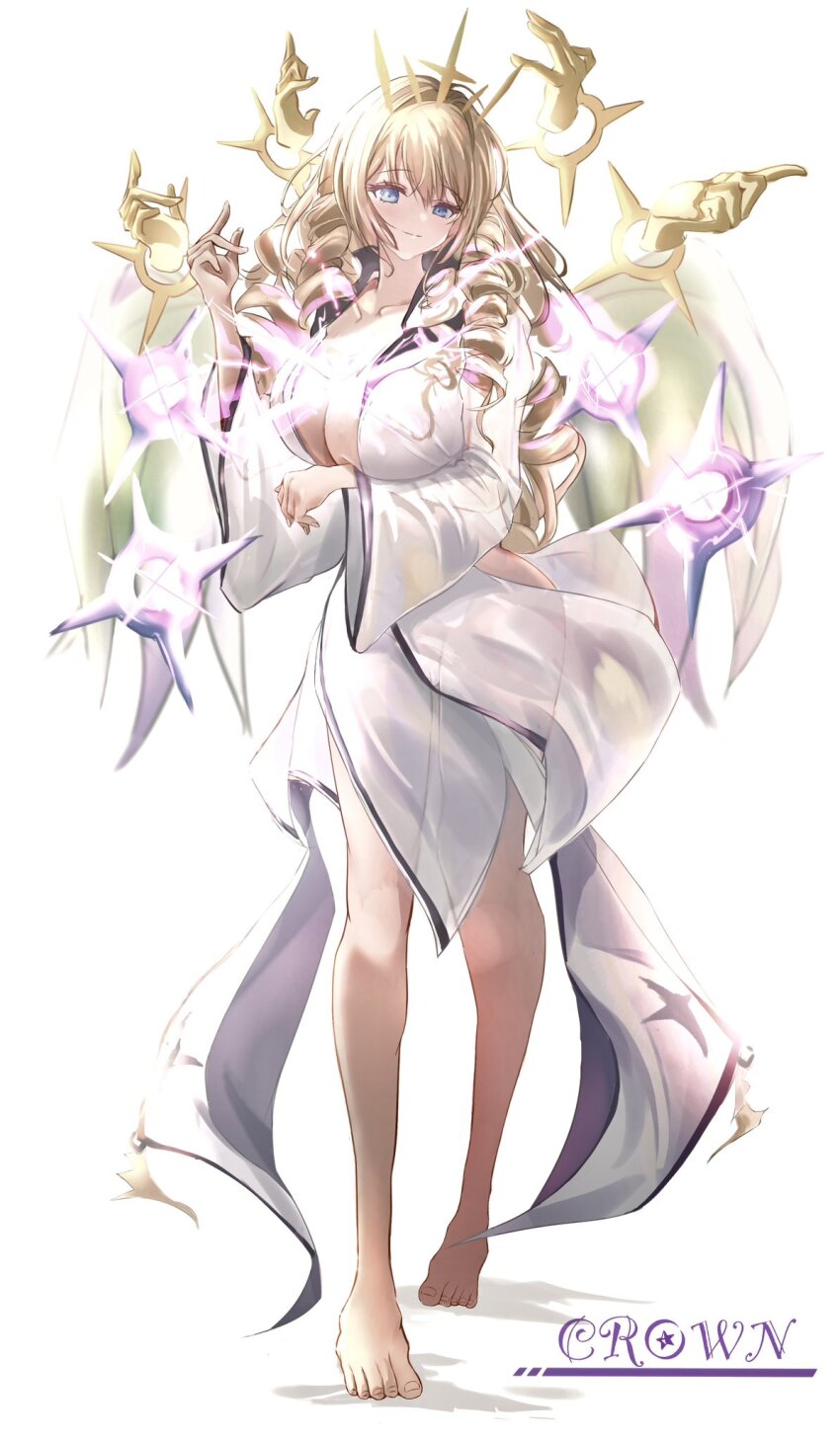 1girl blonde_hair blue_eyes character_name crown crown_(naked_king)_(nikke) crown_(nikke) drill_hair full_body goddess_of_victory:_nikke highres light_censor multiple_hands naked_robe naked_shirt open_clothes open_robe pinjirooo print_robe robe shirt simple_background solo sparkle_hair_ornament too_many_drills white_background white_robe