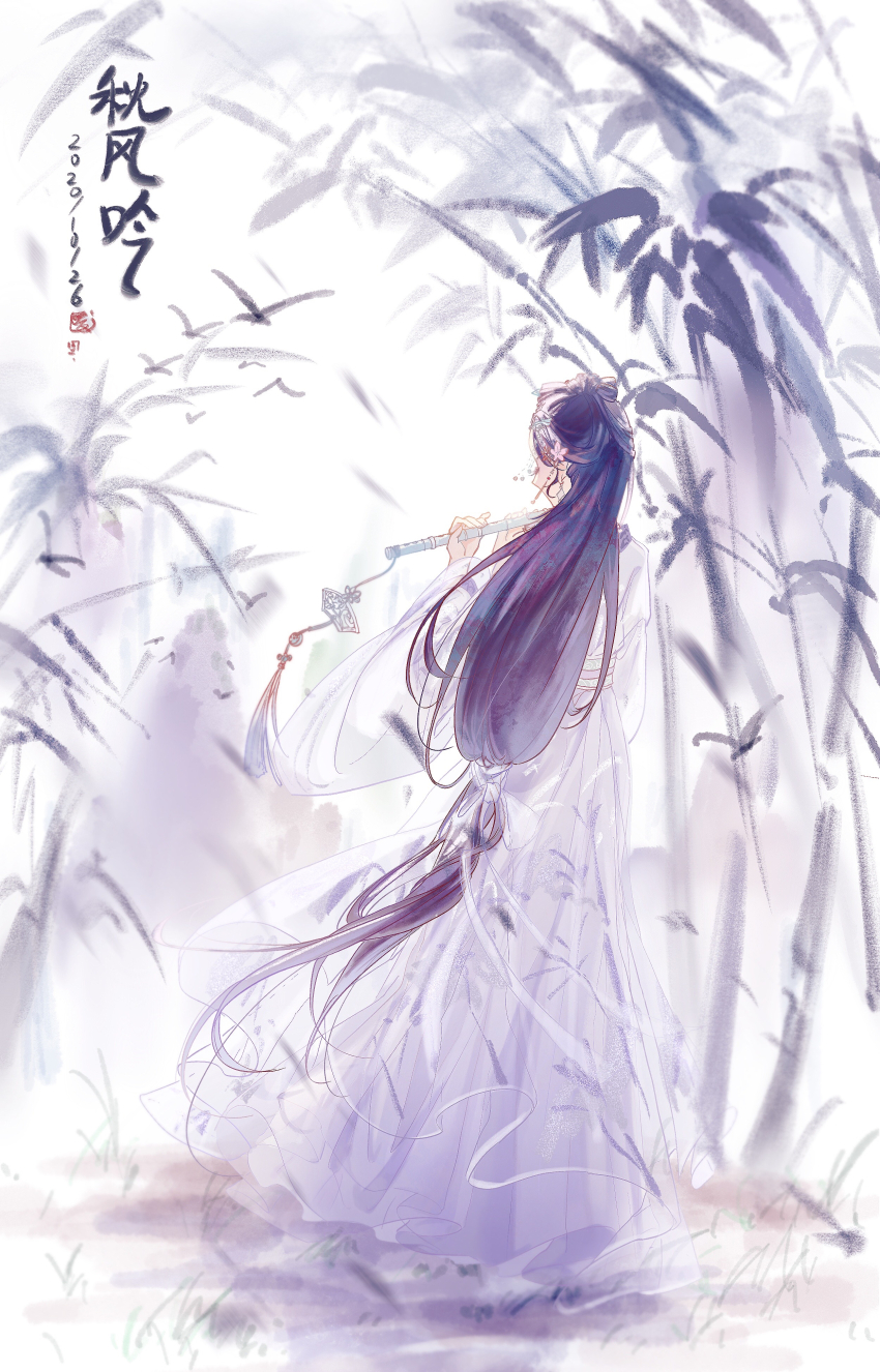 1girl absurdres bamboo bamboo_forest bamboo_print bird black_bird bow-shaped_hair character_request chinese_commentary chinese_text commentary_request confeitoo dated day earrings eyelashes flock flower flute forest from_behind full_body hair_bun hair_flower hair_ornament half_updo highres holding holding_flute holding_instrument hoop_earrings instrument jewelry long_hair long_sleeves low-tied_long_hair nature nikki_(series) outdoors pink_flower pointy_nose purple_hair purple_hanfu shining_nikki simple_bird single_hair_bun sky solo standing translation_request very_long_hair white_sky wide_sleeves