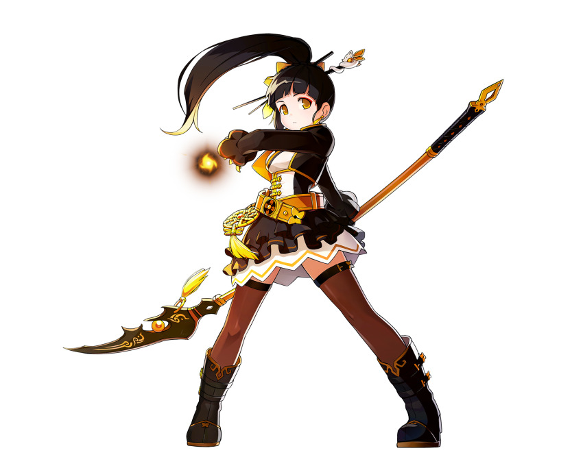 1girl ara_haan belt belt_buckle black_belt black_boots black_hair black_jacket black_skirt blonde_hair blunt_bangs boots bow brown_thighhighs buckle chinese_clothes closed_mouth colored_tips dot_nose earrings elsword expressionless eyeshadow fighting_stance fire floating_hair floral_print frilled_skirt frilled_sleeves frills full_body game_cg gold_buckle hair_bow hair_ornament hairpin high_ponytail highres holding holding_polearm holding_weapon jacket jewelry knees layered_skirt legs_apart light_frown long_hair long_sleeves looking_at_viewer makeup miniskirt multicolored_hair naginata official_art open_clothes open_jacket orange_belt pink_eyeshadow polearm ponytail pyrokinesis sando_(dukedevil) second-party_source see-through_clothes see-through_thighhighs shirt skirt solo standing tachi-e tareme tassel tassel_earrings thigh_belt thigh_strap thighhighs transparent_background weapon white_shirt white_skirt yellow_bow yellow_eyes