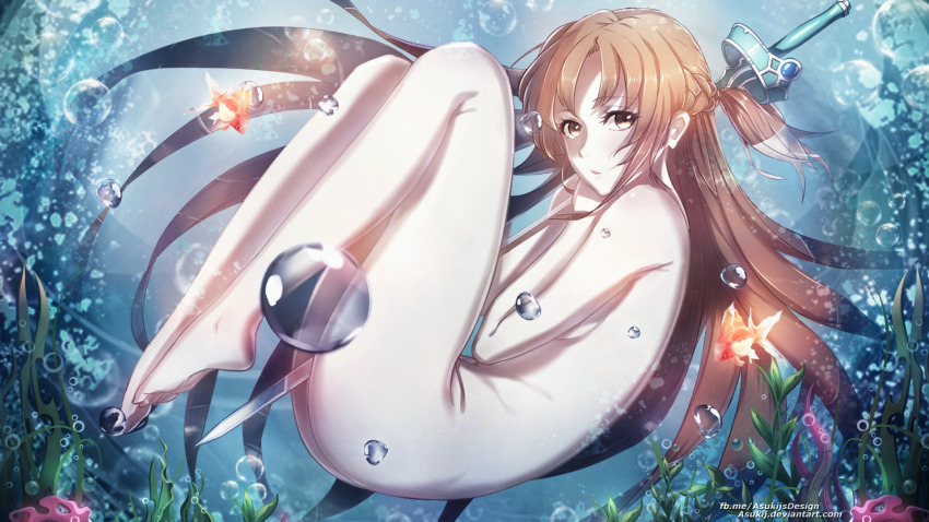 1girl armpits artist_request artistic_nudity ass asuna_(sao) barefoot breasts bubble collarbone completely_nude covering_breasts covering_privates deviantart_username feet female_focus fingernails fish from_side full_body hands_up highres holding holding_sword holding_weapon knees_up legs long_hair looking_at_viewer matching_hair/eyes medium_breasts nature navel nude nudist ocean orange_eyes orange_hair outdoors parted_bangs parted_lips rapier shiny_skin shy sideboob sidelocks skinny_dipping soles straight_hair submerged swimming sword sword_art_online thighs toenails toes turning_head underwater unworn_clothes water weapon wet wet_hair