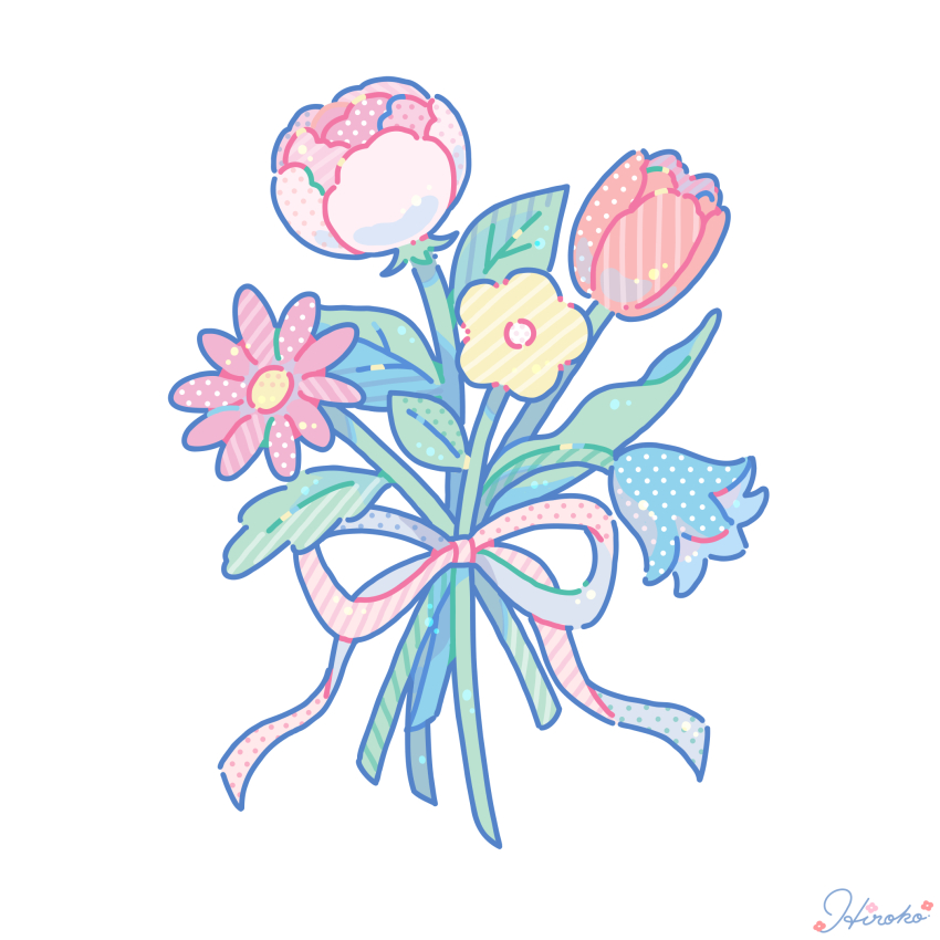 artist_name blue_flower bow flower flower_focus highres hiro046k leaf no_humans original peony_(flower) pink_bow pink_flower red_flower red_tulip screentones simple_background still_life tulip white_background yellow_flower