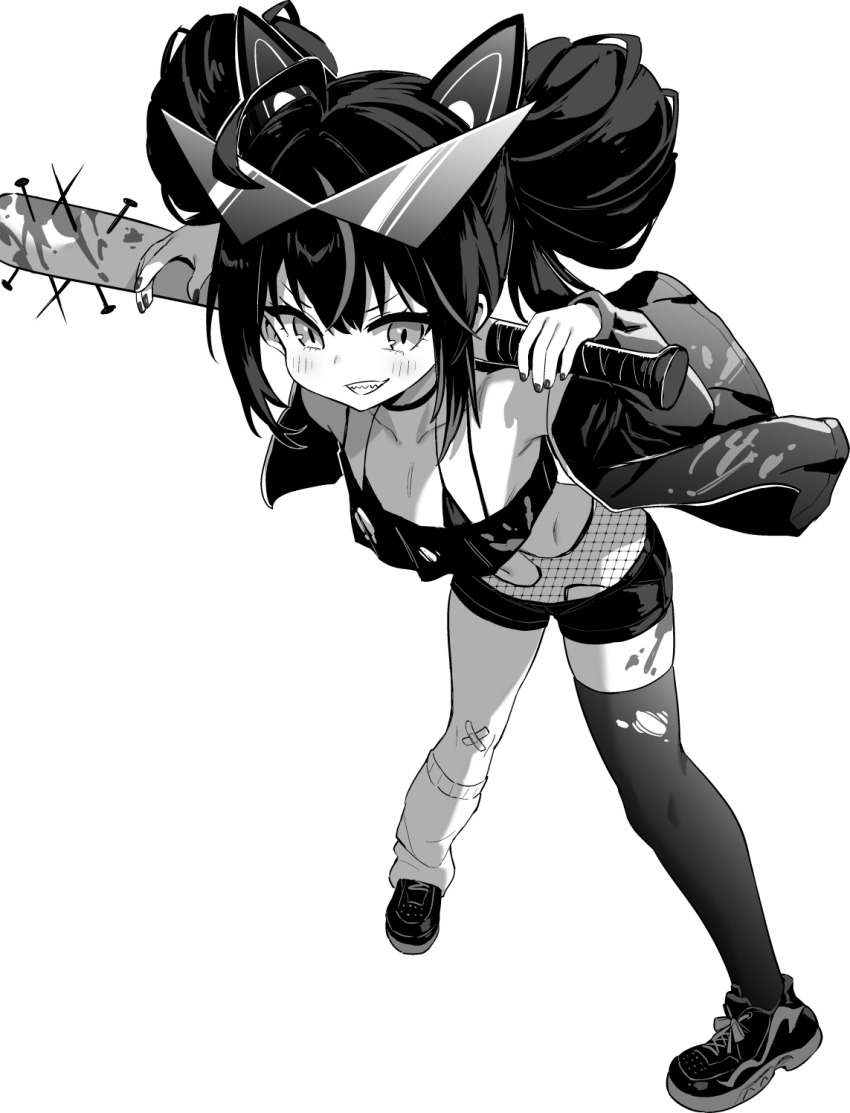 1girl ahoge azur_lane azur_lane:_slow_ahead bandaid bandaid_on_knee bandaid_on_leg baseball_bat black_bra black_choker black_hair black_jacket black_shorts black_thighhighs bra choker collarbone crop_top double_bun fishnets full_body greyscale hair_bun highres hori_(hori_no_su) huge_hair_bun jacket kamina_shades leg_warmers looking_at_viewer monochrome nail_polish navel official_alternate_costume official_art sharp_teeth shorts single_leg_warmer single_thighhigh solo spiked_bat standing stomach svirepy_(azur_lane) svirepy_(rebellious_artist)_(azur_lane) teeth thighhighs torn_clothes underwear