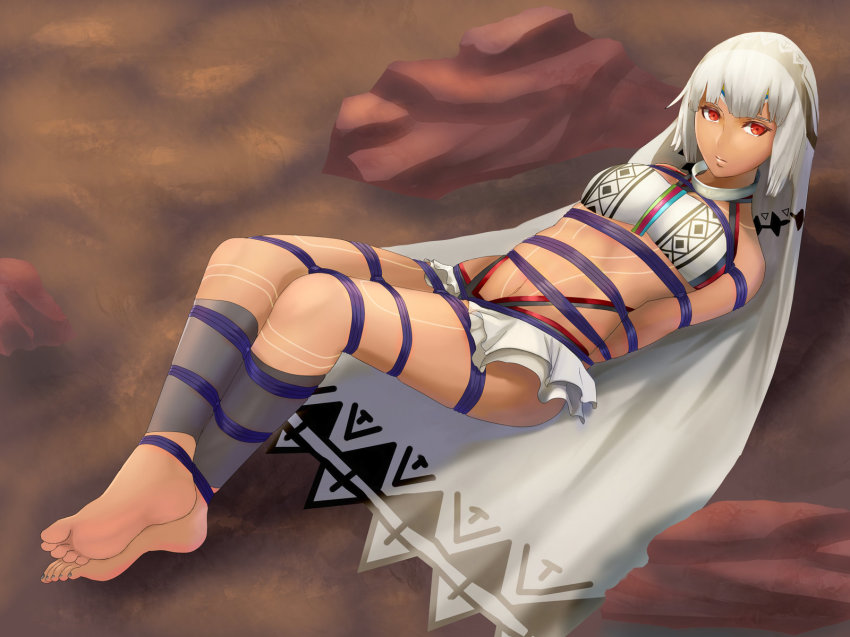 10s 1girl altera_(fate) arms_behind_back bare_arms bare_legs bare_shoulders barefoot bdsm bondage bound breasts closed_mouth collar dark-skinned_female dark_skin fate/extella fate/extra fate_(series) feet female_focus full_body halterneck highres looking_at_viewer lying medium_breasts miniskirt on_back rainnear red_eyes restrained rope short_hair silver_hair skirt soles solo toes veil