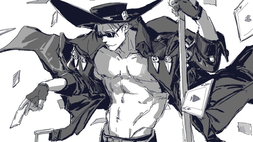 1boy abs amatuki arm_up bare_pectorals belt belt_buckle buckle card closed_mouth collarbone collared_jacket commentary cowboy_shot english_commentary fingerless_gloves glove_cutout gloves greyscale groin guilty_gear hat high_collar highres holding holding_card holding_weapon jacket johnny_(guilty_gear) male_focus monochrome navel pectorals playing_card short_hair sketch sleeve_cuffs smile solo sunglasses weapon white_background wide_brim wing_collar