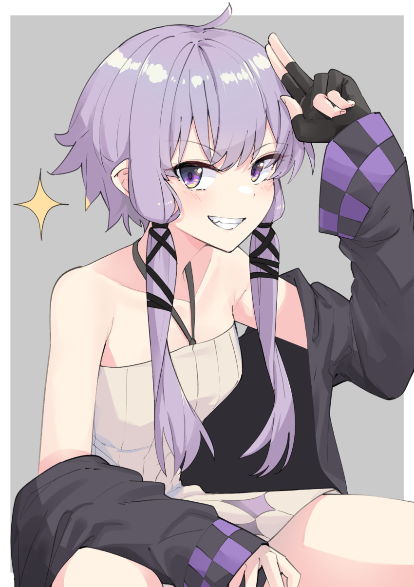 1girl ahoge arm_on_thigh bare_shoulders black_gloves black_jacket border commentary dress feet_out_of_frame fingerless_gloves gloves grey_background grin halter_dress halterneck hand_up highres jacket jacket_partially_removed light_blush light_purple_hair looking_at_viewer looking_to_the_side open_clothes open_jacket outside_border purple_eyes ribbed_dress salute short_dress short_hair_with_long_locks single_fingerless_glove smile solo sparkle squatting two-finger_salute vocaloid voiceroid white_border white_dress yuzuki_yukari yuzuki_yukari_(lin) zooanime