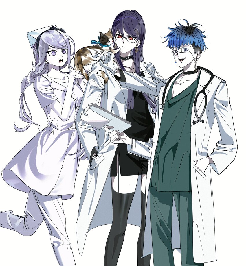 1boy 2girls absurdres animal animal_on_shoulder black_bow black_choker black_dress black_hairband black_thighhighs blue_hair blue_ribbon bow bow_hairband braid cat cat_on_shoulder choker clipboard collarbone doctor dress earrings eyepatch face_piercing feet_out_of_frame glasses grey_eyes grey_hair grin hair_ornament hairband hairpin hand_in_pocket hand_up hat highres holding holding_animal holding_cat holding_clipboard jewelry kirifuji_nozomi lab_coat labret_piercing long_hair looking_at_animal looking_at_viewer medical_scrubs multicolored_hair multiple_girls nurse nurse_cap omokage_yugamu pabitelsafe3 piercing purple_eyes purple_hair red_eyes ribbon shizuhara_hiruko short_hair simple_background smile stethoscope stethoscope_around_neck the_hundred_line_-last_defense_academy- thighhighs veterinarian white_background