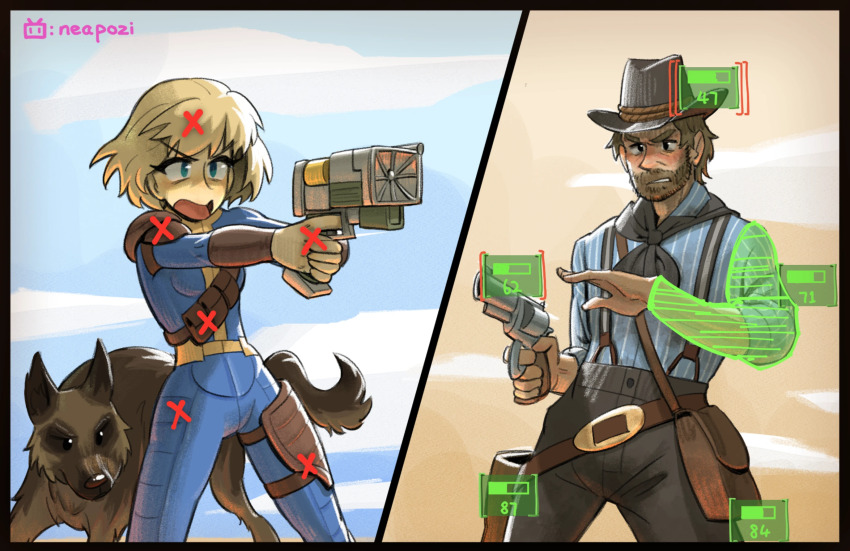 1boy ammunition_pouch armor arthur_morgan bag bandana beard belt blonde_hair blue_bodysuit blue_eyes blue_jumpsuit blue_sky bodysuit cowboy_hat dogmeat duel facial_hair fallout fallout_4 gameplay_mechanics gun handgun hat highres jumpsuit neapozi open_mouth orange_sky pauldrons pouch red_dead_redemption_(series) red_dead_redemption_2 revolver revolver_fanning satchel short_hair shoulder_armor sky sole_survivor_(female) solo v.a.t.s._(fallout) weapon