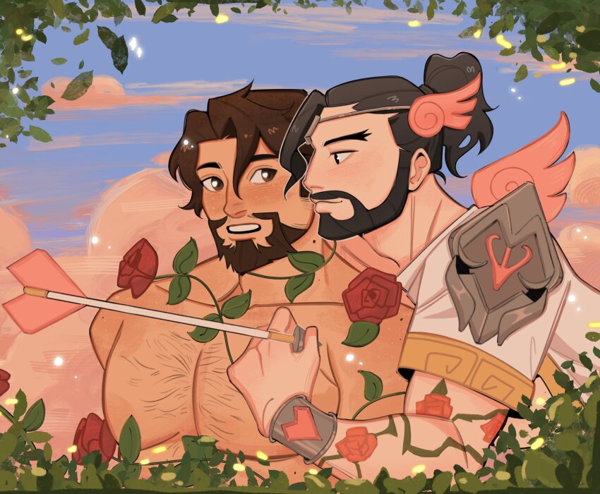 2boys arrow_(projectile) bara beard blush brown_hair cassidy_(overwatch) couple cupid cupid_hanzo dark-skinned_male dark_skin eye_contact facial_hair floral_background flower flower_tattoo from_side full_beard hanzo_(overwatch) highres kaiwankon large_pectorals looking_at_another magical_boy male_focus mature_male multiple_boys muscular muscular_male official_alternate_costume overwatch overwatch_2 pectorals pink_wings profile rose short_hair smile sparse_chest_hair tattoo thick_eyebrows tiara upper_body valentine wings yaoi