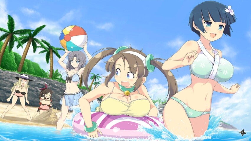 5girls angry armor armpits ball bare_shoulders beach beachball bell bikini bikini_armor black_bikini black_bow black_headwear blonde_hair blue_eyes blue_flower blue_hair blue_sky blunt_bangs blush bow bowl_cut bracelet breasts brown_hair bush choker cleavage cliff cloud collarbone crying day fern floral_print flower game_cg grass green_bikini green_choker green_eyes grey_hair groin hair_bow hair_flower hair_ornament hat innertube japanese_armor jewelry jingle_bell large_breasts leaf long_hair mask minori_(senran_kagura) multiple_girls murakumo_(senran_kagura) navel neck_bell ocean official_art one-piece_swimsuit open_mouth outdoors palm_leaf palm_tree polka_dot polka_dot_bikini red_bow sand sand_castle sand_sculpture senran_kagura senran_kagura_estival_versus senran_kagura_shinovi_versus shiki_(senran_kagura) shiny_skin short_hair shoulder_armor shouting shuriken sky sode splashing swim_ring swimsuit swimsuit_skirt tree twintails unworn_mask v-shaped_eyebrows water weapon wet yaegashi_nan yellow_one-piece_swimsuit yozakura_(senran_kagura) yumi_(senran_kagura)