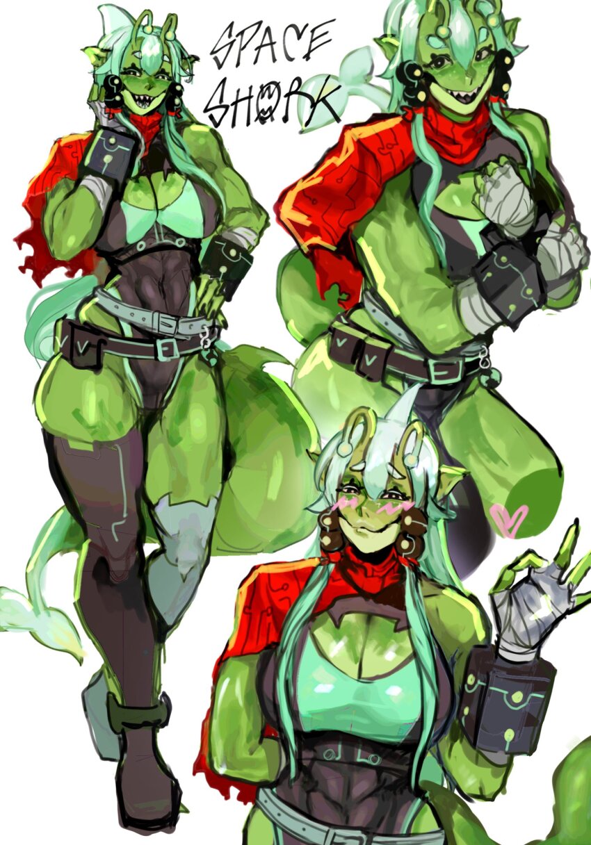 1girl alien antennae bandaged_hand bandages belt blush boots breasts cleavage cleavage_cutout clothing_cutout colored_skin fins fish_tail green_skin highres large_breasts looking_at_viewer muffin_top ok_sign original sfour_s4 shark_fin shark_girl shark_tail simple_background solo tail thigh_boots white_background