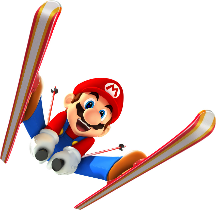 1boy 3d absurdres blue_eyes blue_overalls brown_shoes buttons cabbie_hat clothes_writing facial_hair full_body gloves happy hat highres holding_ski_pole jumping legs_up long_sleeves looking_afar male_focus mario mario_&amp;_sonic_(series) mario_&amp;_sonic_at_the_olympic_winter_games mario_(series) mustache nintendo official_art open_mouth overalls red_hat red_shirt shirt shoes simple_background ski_pole skiing skis smile solo spread_legs teeth third-party_source tongue transparent_background white_gloves