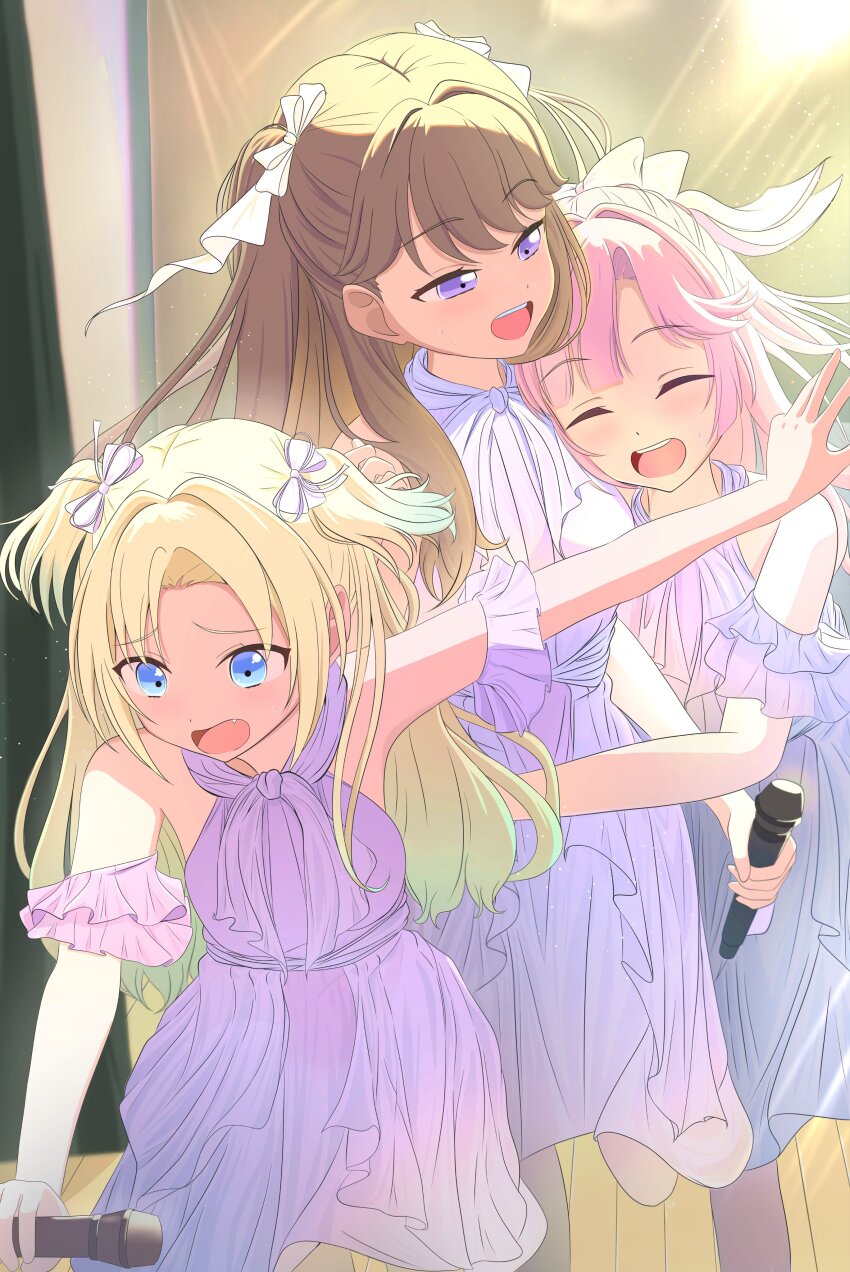 3girls :d ^_^ absurdres anyoji_hime blonde_hair blue_eyes blue_hair brown_hair closed_eyes commentary_request curtained_hair detached_sleeves dress fang feet_out_of_frame frilled_dress frills fujishima_megumi gradient_hair hair_ribbon highres holding holding_microphone hug light_blue_hair link!_like!_love_live! link_to_the_future_(love_live!) long_hair looking_at_another love_live! medium_dress microphone mira-cra_park! morio_(mmorio_mu) multicolored_hair multiple_girls official_alternate_costume official_alternate_hairstyle open_mouth osawa_rurino parted_bangs pink_dress pink_hair ponytail purple_eyes ribbon sleeveless sleeveless_dress smile teeth twintails two_side_up upper_teeth_only virtual_youtuber white_ribbon