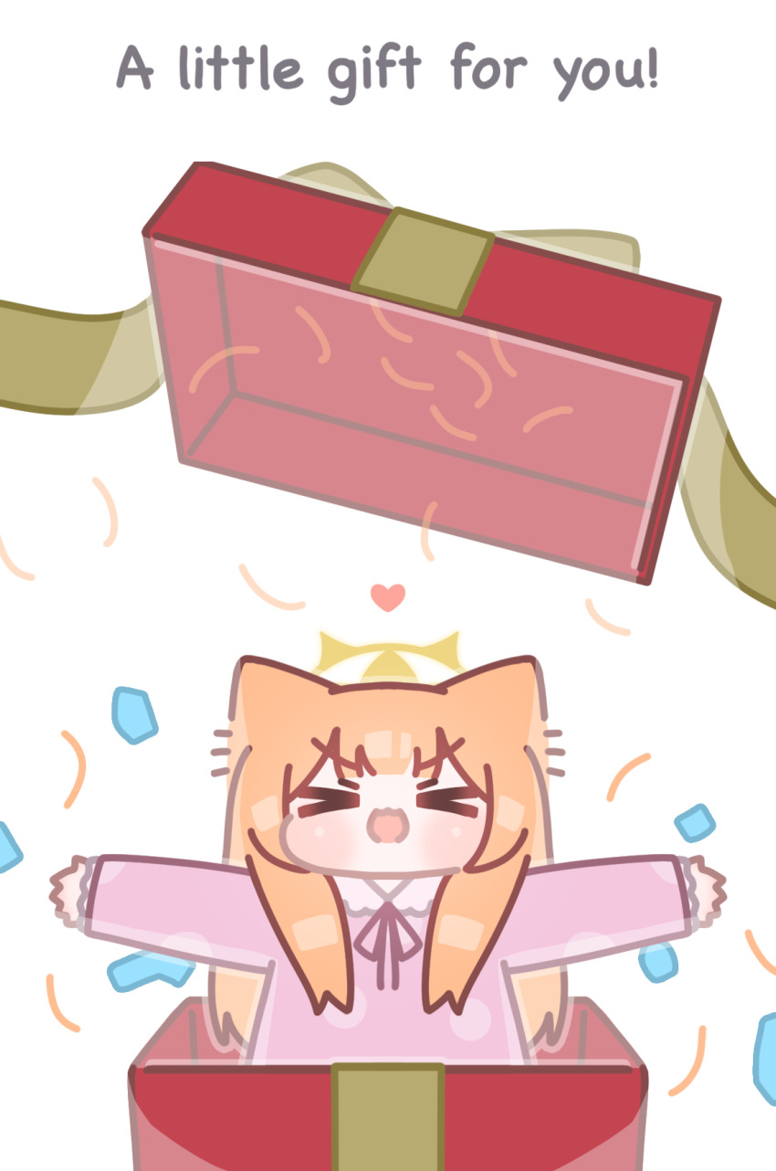 &gt;_&lt; 1girl :d :o animal_ears blue_archive blunt_bangs blush box chibi closed_eyes english_text halo heart highres horuhara in_box in_container long_hair long_sleeves mari_(blue_archive) neck_ribbon no_nose open_mouth outstretched_arms pajamas pink_pajamas polka_dot polka_dot_pajamas ribbon smile solo v-shaped_eyebrows xd yellow_halo