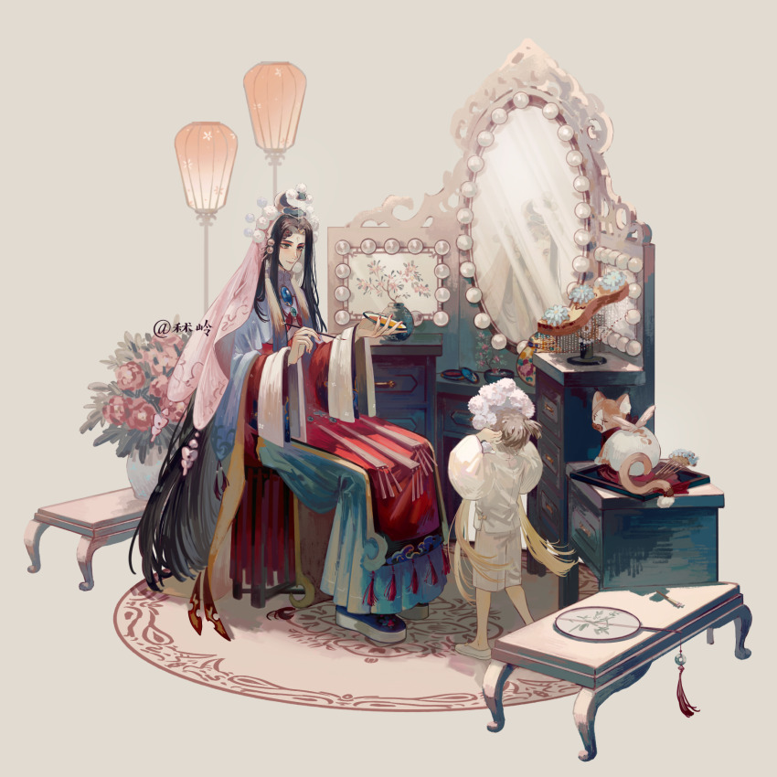 2boys aged_down black_footwear black_hair blue_capelet blue_gemstone blue_robe blunt_ends brown_hair cape capelet child chinese_clothes closed_mouth comb cosmetics curtained_hair drawer eyeshadow facial_mark facing_away farewell_my_concubine_(the_tale_of_food) flower forehead_mark full_body gem hair_ornament hair_stick hand_fan headdress highres holding holding_brush holding_plate jar lamp lipstick long_hair long_sleeves looking_at_another lu_wu_(the_tale_of_food) makeup male_focus male_master_(the_tale_of_food) multicolored_clothes multiple_boys one_side_up parted_bangs peking_opera pink_flower plant plate platform_footwear pom_pom_(clothes) pom_pom_hair_ornament potted_plant procreate_(medium) putting_on_headwear red_eyeshadow red_flower red_lips red_nails red_robe reflection robe rug shirt shoes short_hair shorts shuling simple_background sitting smile standing stool table tassel the_tale_of_food tray tuanshan unworn_hair_ornament unworn_headwear vanity_table vase veil very_long_hair white_background white_footwear white_shirt white_shorts wide_sleeves yellow_cape