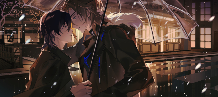 2boys black_jacket blonde_hair blue_eyes blue_trim building male_byleth_(fire_emblem) cityscape closed_mouth contemporary couple crosswalk dimitri_alexandre_blaiddyd dimitri_alexandre_blaiddyd_(timeskip) eyepatch fire_emblem fire_emblem:_three_houses forehead-to-forehead fur-trimmed_hoodie fur_trim green_eyes hair_behind_ear hair_between_eyes hand_on_another&#039;s_neck hand_up heads_together highres holding holding_umbrella hood hood_down hoodie jacket lapels light_smile long_sleeves looking_at_another lynnn28208524 male_focus medium_hair multiple_boys night nintendo one_eye_covered parted_lips ponytail profile road short_ponytail snow snowing street transparent transparent_umbrella umbrella upper_body white_fur yaoi
