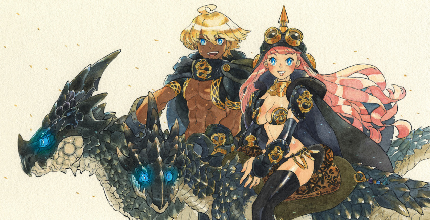 1boy 1girl :d armor bikini_armor blonde_hair blue_eyes breasts cape cleavage cloak combat_helmet dark-skinned_male dark_skin detached_collar dragon facial_scar fantasy floating_hair from_side glowing glowing_eyes goggles goggles_on_headwear helmet lips long_hair matsumoto_keiko medium_breasts midriff muscular muscular_male navel open_mouth original painting_(medium) pickelhaube pink_hair riding riding_animal riding_dragon saddle scar scar_on_cheek scar_on_face short_hair shrug_(clothing) smile thighhighs traditional_media vambraces watercolor_(medium) wind