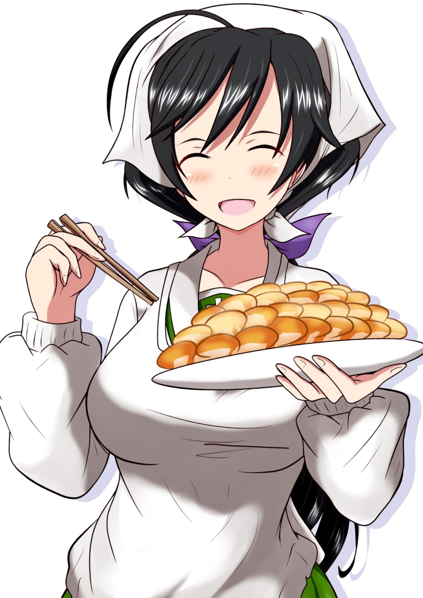 1girl alternate_hairstyle apron bandana black_hair chopsticks closed_eyes commentary facing_viewer food girls_und_panzer green_skirt highres holding holding_chopsticks holding_plate isuzu_hana kappougi long_sleeves low_ponytail meiya ooarai_school_uniform open_mouth plate pleated_skirt ponytail school_uniform shirt simple_background skirt smile solo standing upper_body white_background white_bandana white_shirt