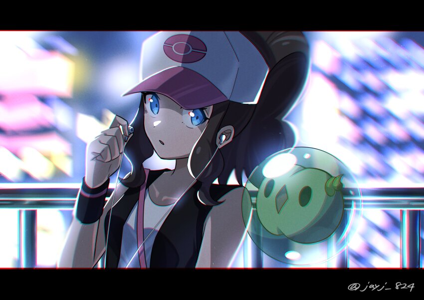 1girl absurdres black_vest blue_eyes blurry blurry_background brown_hair earphones fence gen_5_pokemon hand_up hat highres hilda_(pokemon) holding jayj_824 long_hair looking_at_viewer nintendo poke_ball_print pokemon pokemon_(creature) pokemon_bw shirt sidelocks solosis strap twitter_username upper_body vest white_hat white_shirt