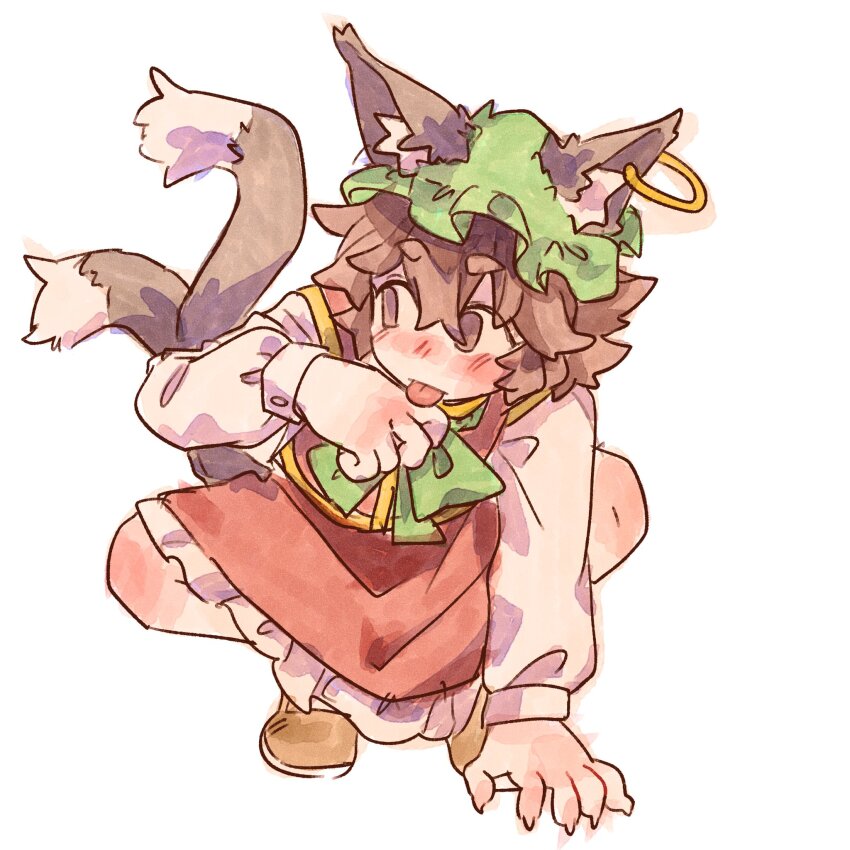 1girl animal_ear_piercing animal_ears animal_hat blush brown_eyes brown_hair cat_ears cat_tail chen clawed_hands dress earrings ezier frilled_dress frills green_hat hat highres jewelry licking licking_hand long_sleeves mob_cap multiple_tails nekomata perfect_cherry_blossom red_dress short_hair single_earring solo tail tongue tongue_out touhou two_tails white_background