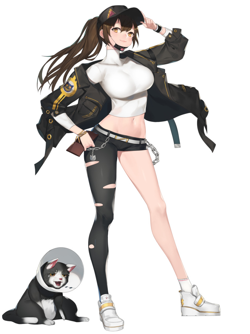 1girl alternate_costume animal_ears animal_print armband artist_request belt black_armband black_cat black_coat black_collar black_eyes black_fur black_hair black_hat black_mask black_sleeves breasts brown_hair cat cat_ears cat_nose cat_ornament cat_print cat_tail chain closed_mouth coat collar collarbone colored_sclera contrapposto cropped_shirt double_vertical_stripe esmeralda_(final_gear) fang final_gear full_body half_updo hand_on_own_hip hat hat_tip high_ponytail highres hip_bones holding holding_wallet horizontal-striped_socks large_breasts lone_nape_hair long_sleeves mask midriff mismatched_pants mouth_mask navel official_art open_mouth pants paw_print pet_cone pocket ponytail short_shorts shorts simple_background single_bare_leg sitting smile socks solo standing straight_hair streetwear striped_coat tachi-e tail tears third-party_source three-quarter_sleeves tight_clothes tight_pants tongue torn_clothes torn_pants transparent_background triangle turtleneck two-tone_fur vertical-striped_coat vertical-striped_sleeves wallet wedge_heels white_belt white_collar white_footwear white_fur white_sleeves white_socks wrist_straps yellow_eyes yellow_sclera