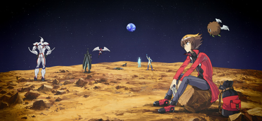1boy bag black_shirt bottle brown_eyes brown_hair character_request duel_monster duffel_bag earth_(planet) elemental_hero_neos facing_away facing_to_the_side grey_pants hands_on_own_hips highres holding holding_bottle jacket leaning_forward looking_at_another male_focus mars_(planet) moribuden on_rock open_clothes open_jacket pants planet red_footwear red_jacket shirt sitting space star_(sky) water_bottle waving_arm winged_kuriboh yu-gi-oh! yu-gi-oh!_gx yuki_judai