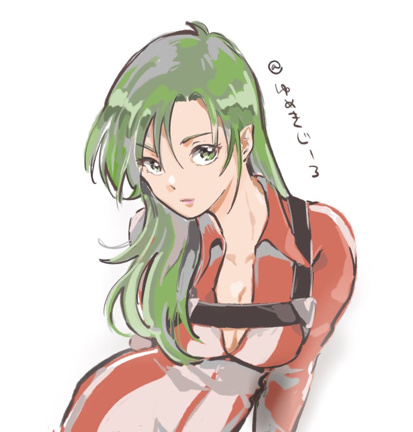 1girl bodysuit breasts choujikuu_yousai_macross cleavage collarbone green_eyes green_hair hair_behind_ear highres jenius_milia leaning_to_the_side long_hair macross medium_breasts pilot_suit pointy_ears red_bodysuit solo white_background yumekijiiro
