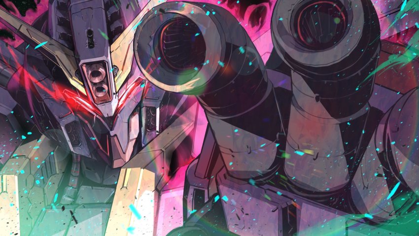 aura cable finger_cannon foreshortening glowing glowing_eyes gundam gundam_zz highres kuri_giepi mecha no_humans psyco_gundam_mk_ii robot v-fin