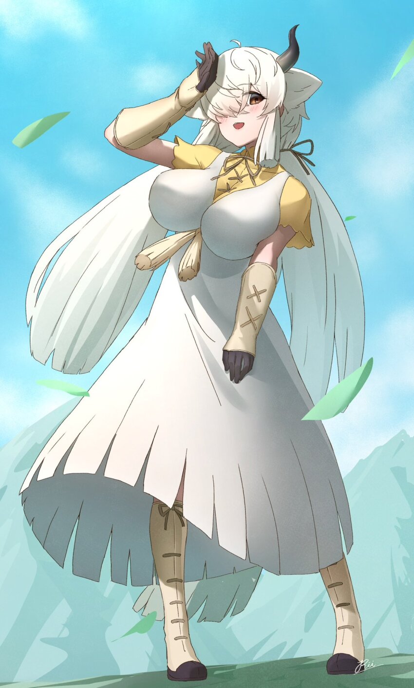 1girl animal_ears black_horns blush boots bow bowtie breasts brown_boots brown_bow brown_bowtie brown_eyes brown_gloves brown_ribbon day dress extra_ears frilled_dress frilled_sleeves frills full_body gloves grey_hair grey_horns hair_over_one_eye hand_up high_collar highres holding horns huge_breasts kemono_friends light_smile long_bangs long_dress long_hair looking_at_viewer mogurii multicolored_boots multicolored_horns outdoors ox_ears ox_girl ox_horns ox_tail ribbon rock shirt short_sleeves sidelocks smile solo t-shirt tail twintails two-tone_boots two-tone_gloves very_long_hair white_dress white_gloves white_hair yak_(kemono_friends) yellow_boots yellow_shirt