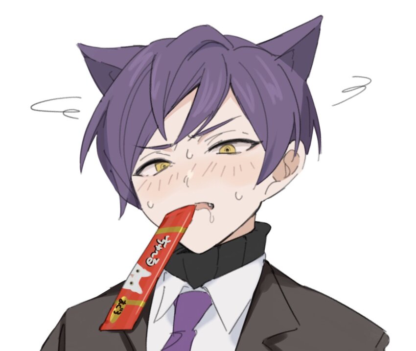 1boy annoyed black_jacket blush cat_boy ciao_churu collared_shirt dress_shirt drooling fangs formal_clothes jacket lapels lobotomy_corporation male_focus mu46016419 necktie pet_food portrait project_moon purple_hair purple_necktie shirt simple_background solo suit_jacket sweat white_background yellow_eyes yesod_(project_moon)