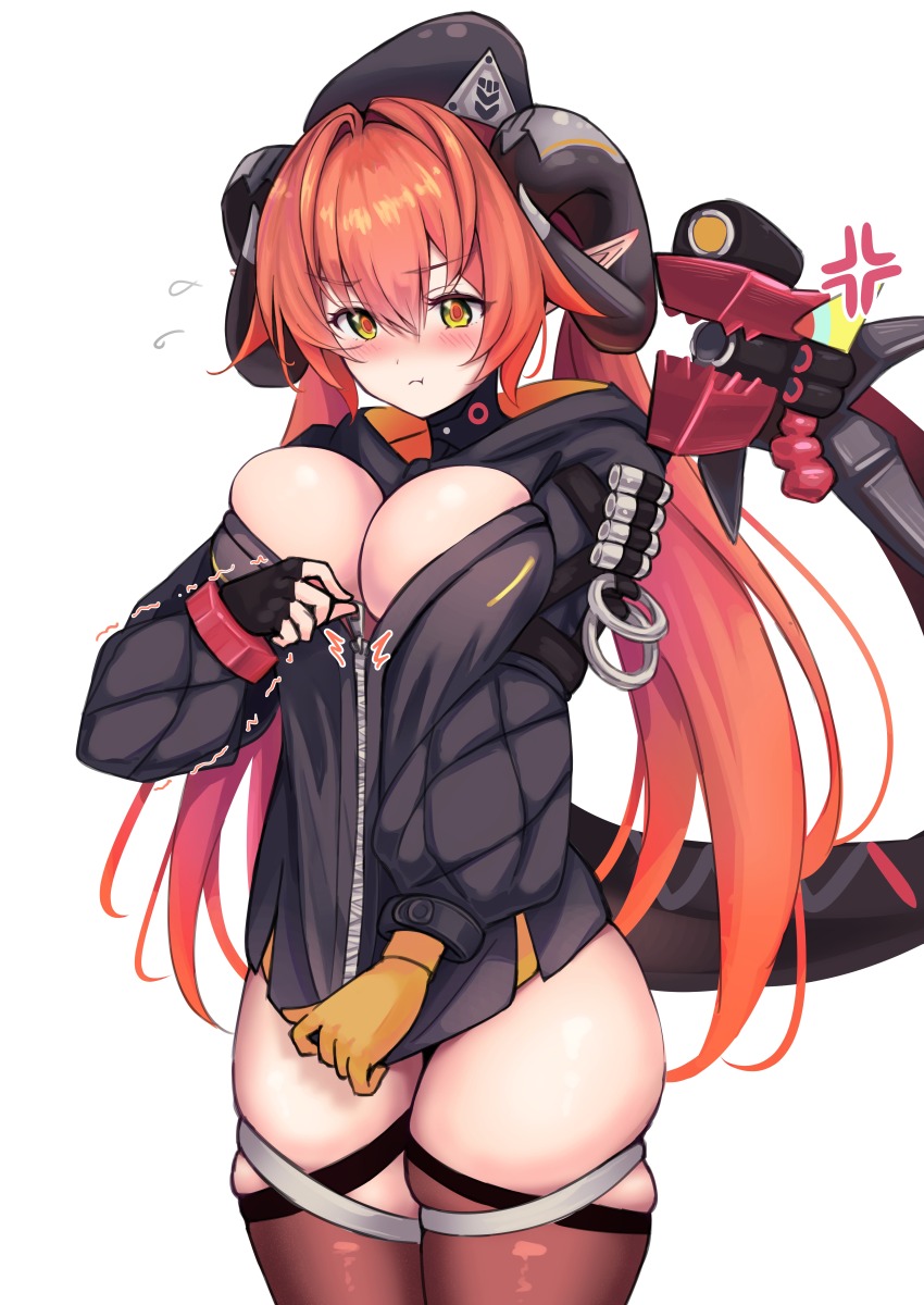 1girl :t absurdres ahoge anger_vein beret black_jacket blush breasts calamy cleavage fingerless_gloves flying_sweatdrops gloves green_eyes hair_between_eyes hat highres horns jacket large_breasts long_hair magus_(zenless_zone_zero) orange_hair orange_pupils orpheus_(zenless_zone_zero) partially_unzipped pointy_ears pout simple_background single_fingerless_glove skindentation struggling thighhighs twintails white_background yellow_gloves zenless_zone_zero zipping