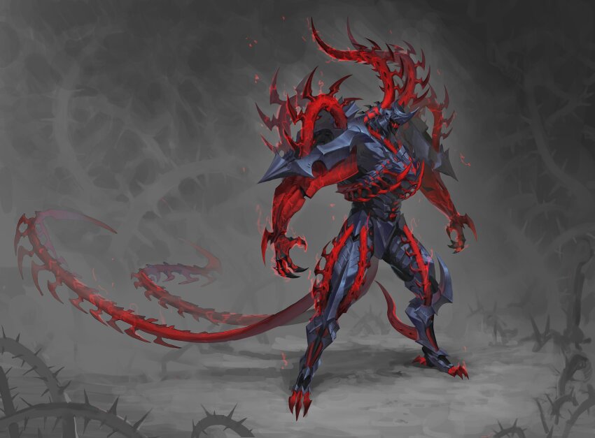 absurdres armor claws colored_teeth digitigrade full_body grey_background highres horns leviair long_tail monster multiple_tails no_humans original plant red_horns red_teeth sharp_teeth solo spiked_horns standing tail teeth thorns two_tails vines