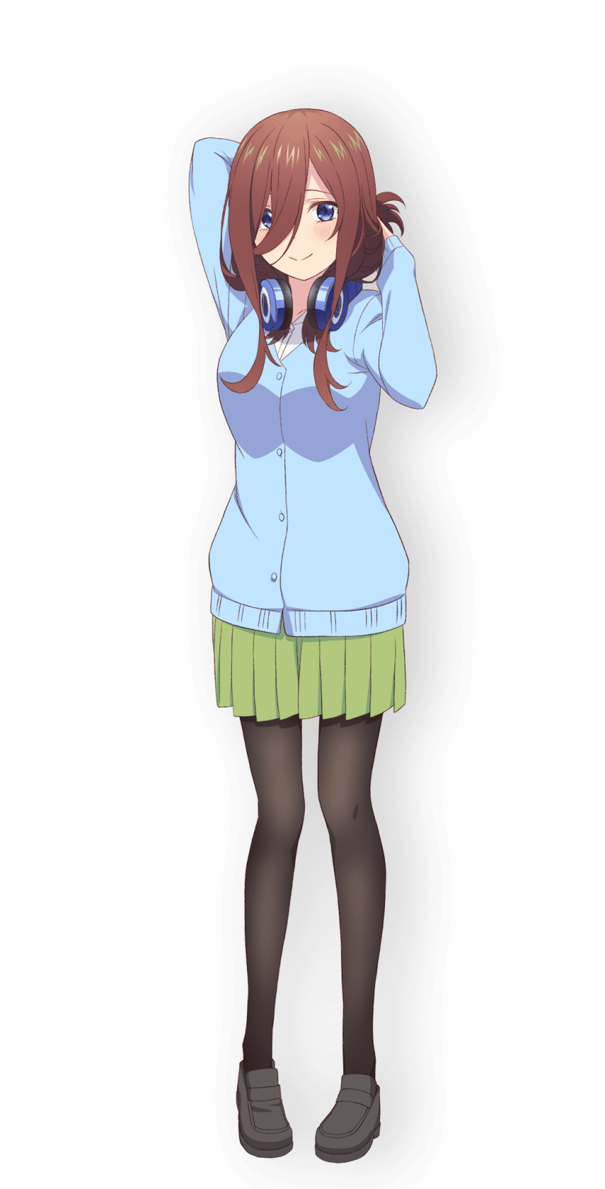 1girl arm_up arms_behind_back black_pantyhose black_shoes blue_sweater blush breasts brown_hair collarbone collared_shirt dot_nose female_focus full_body go-toubun_no_hanayome green_skirt hair_between_eyes hair_over_one_eye headphones headphones_around_neck highres large_breasts legs long_hair long_sleeves looking_at_viewer miniskirt nakano_miku official_art pantyhose pleated_skirt scan school_uniform shirt shirt_under_sweater shoes simple_background skirt smile solo solo_focus sweater thighs white_shirt